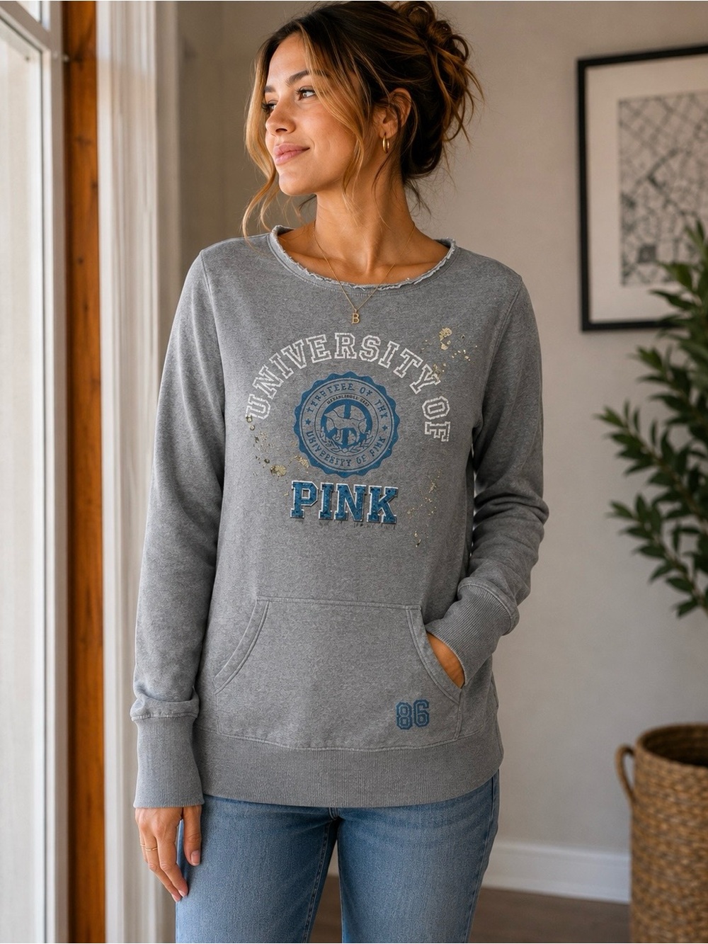 Y2K Victoria’s Secret PINK University Gray Sweatshirt XS Distressed Crewneck